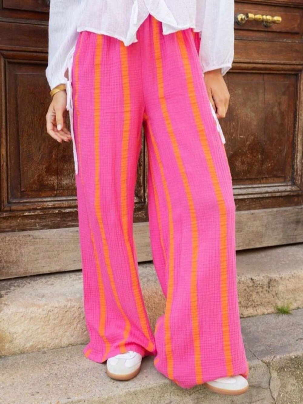 Casual Women's Polyester Striped Pants With Pocket